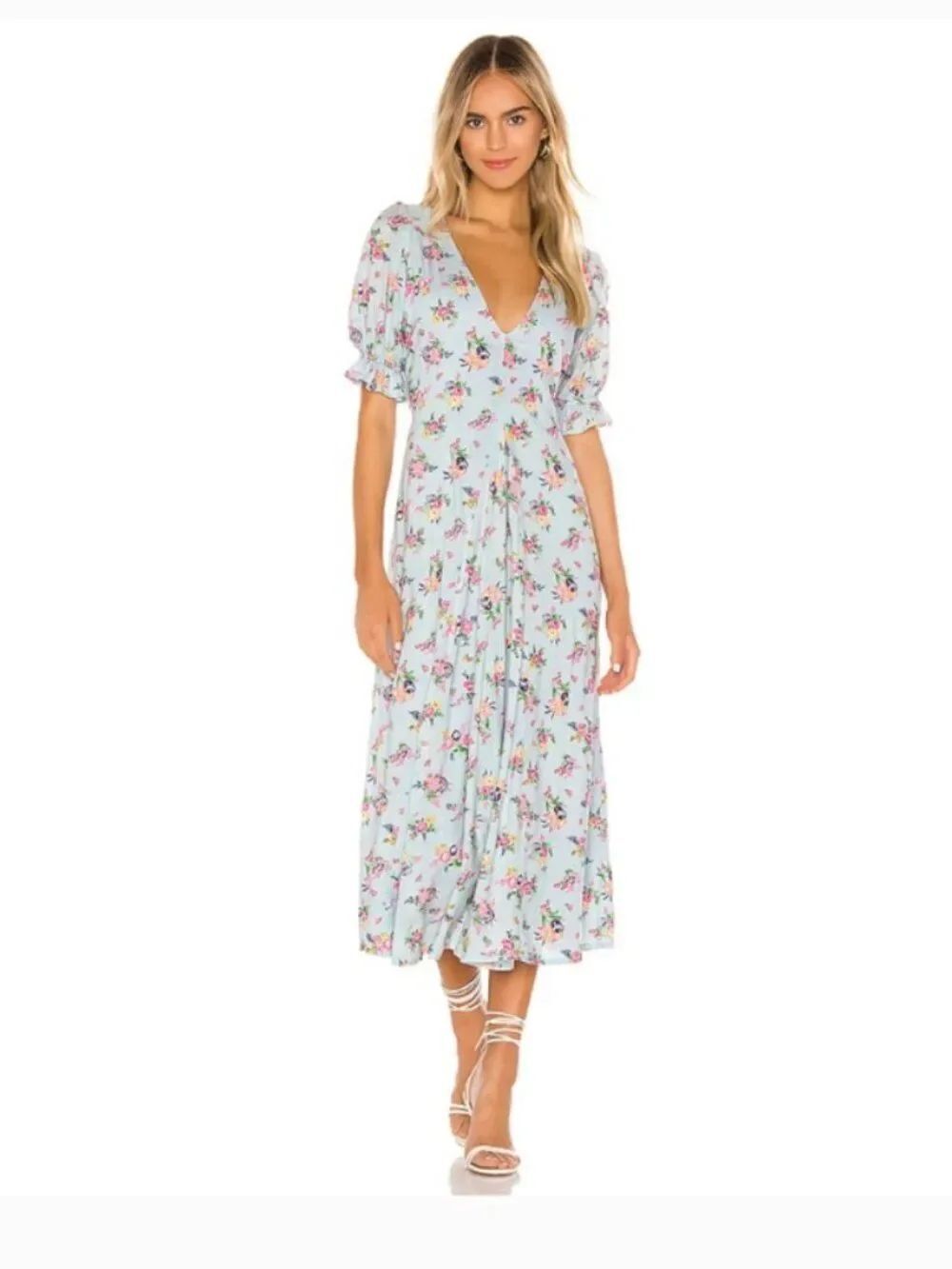 Faithfull The Brand Maggie Midi Dress Juliette Floral Puff Sleeve Cottagecore S